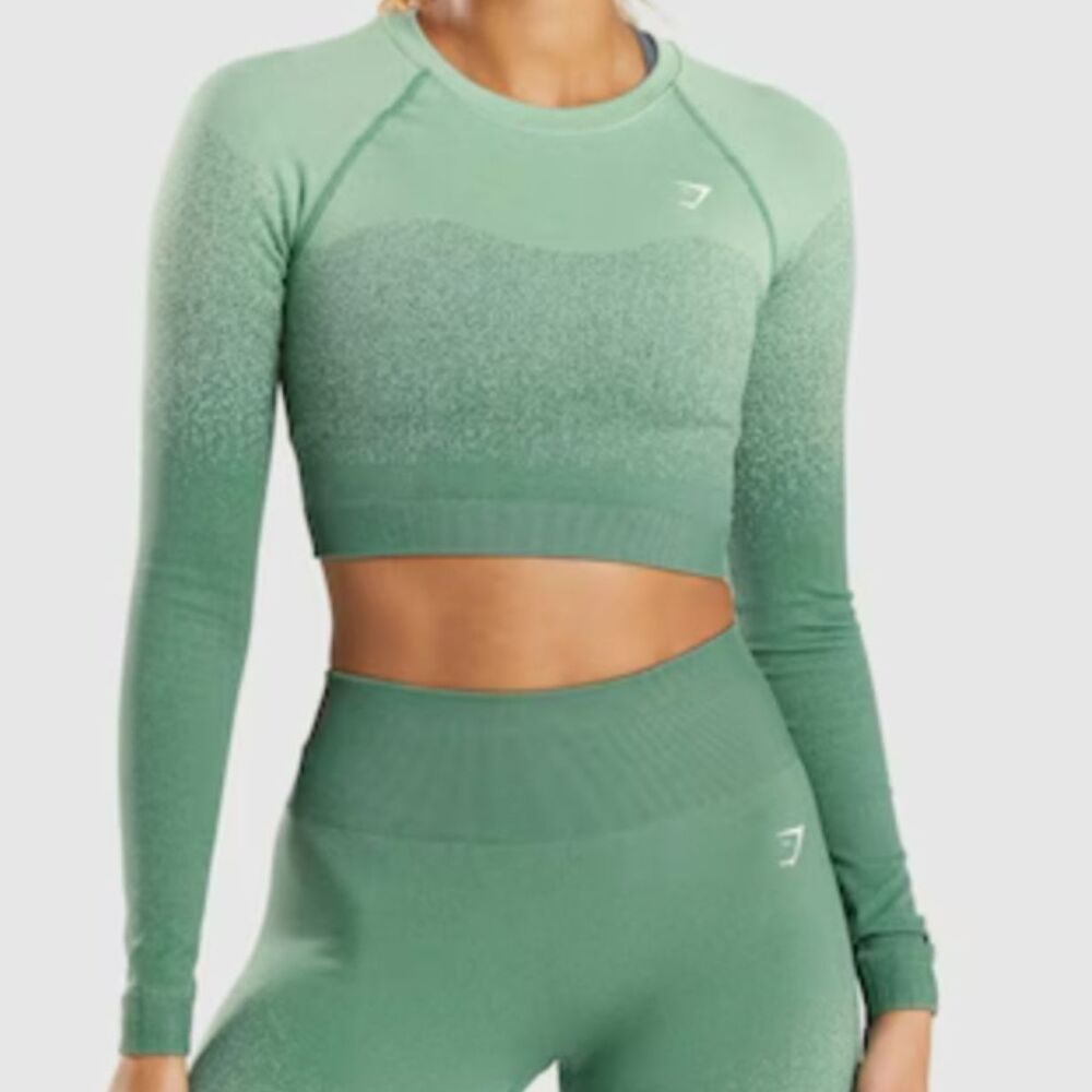 Women Crop Top GymShark Adapt Ombre Seamless Long Sleeve Ombre Green Running